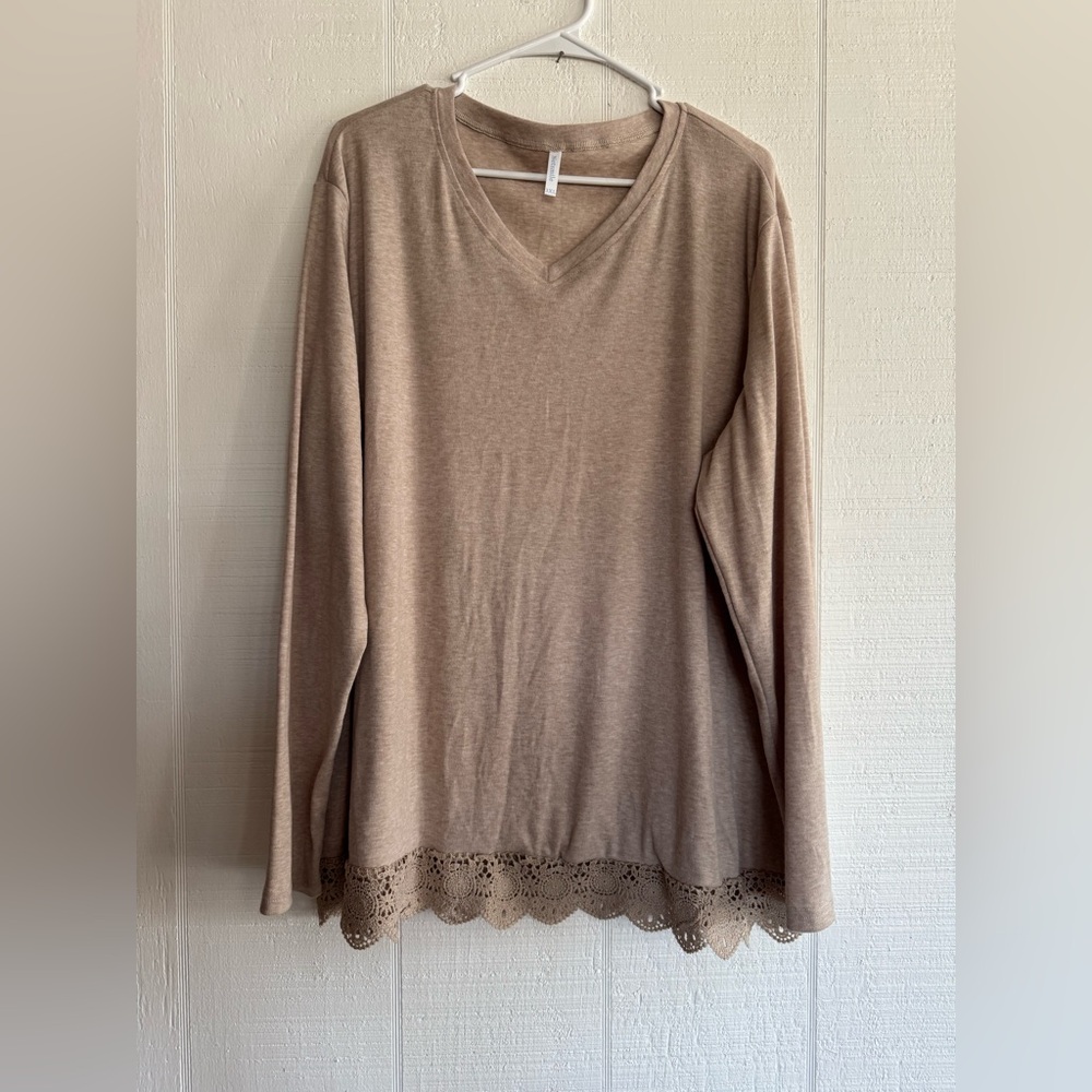 V-Neck Long Sleeve Top with Lace Trim